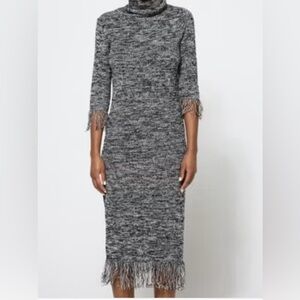 Oober Swank Black White Turtleneck Knit  Sweater Dress Fringe size Small